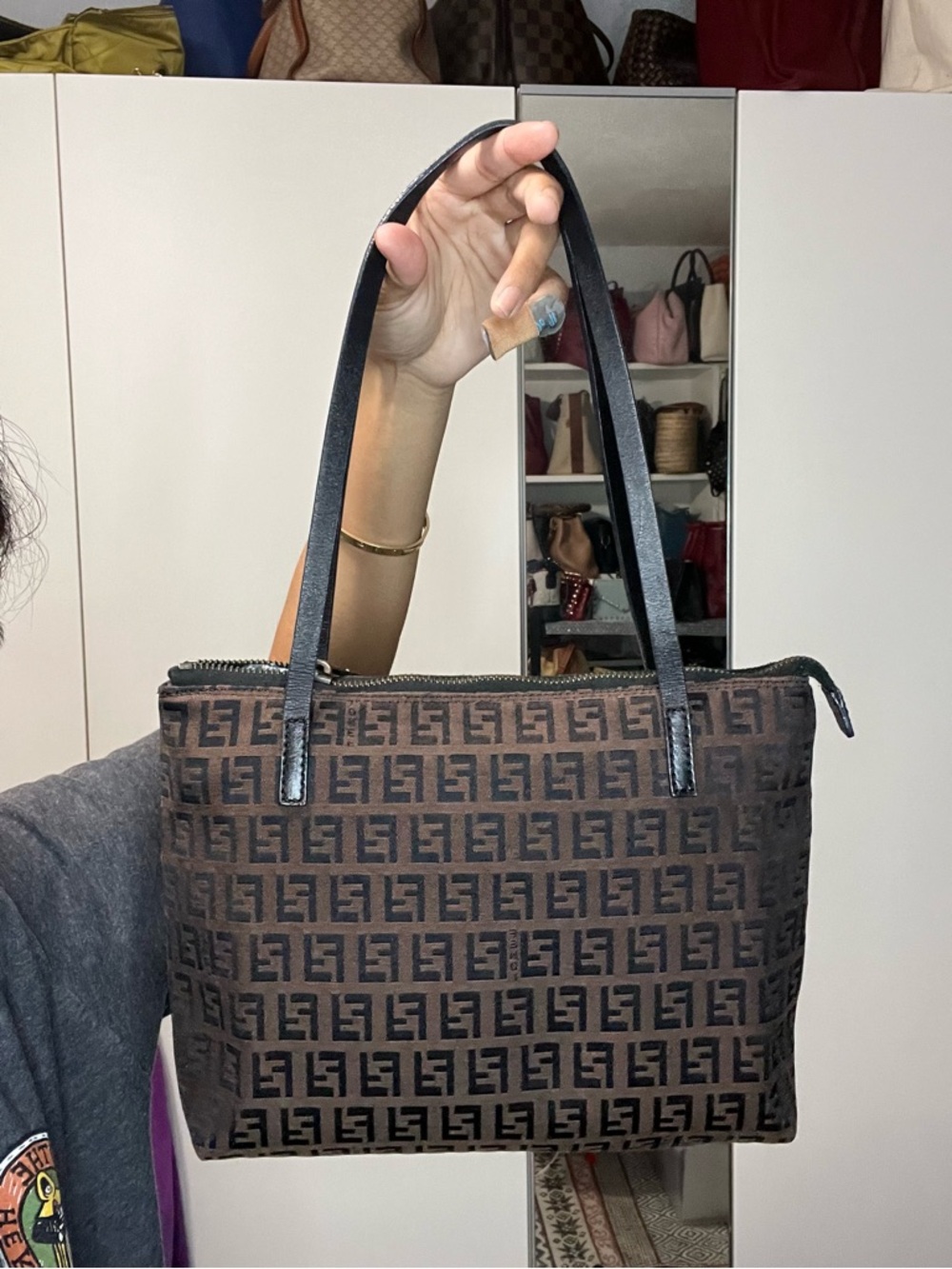 Fendi Brown FF Logo Canvas Shoulder Bag with Black Straps